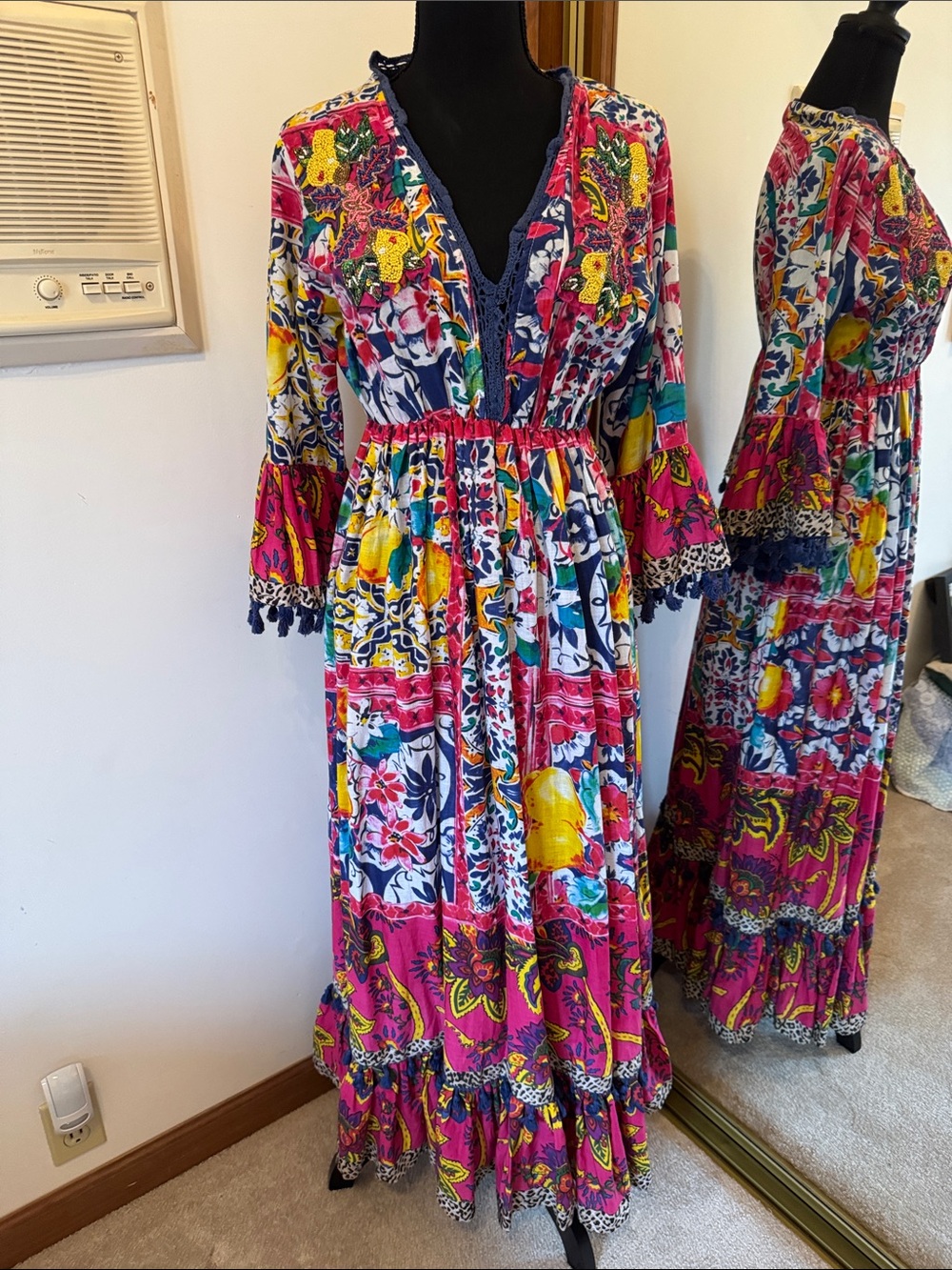 Bohemian Floral Maxi Dress in Fuchsia, Yellow & Blue